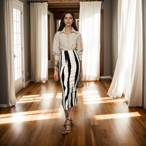 Women's Black and White Abstract Print Maxi Skirt, High Waist, Fitted Style