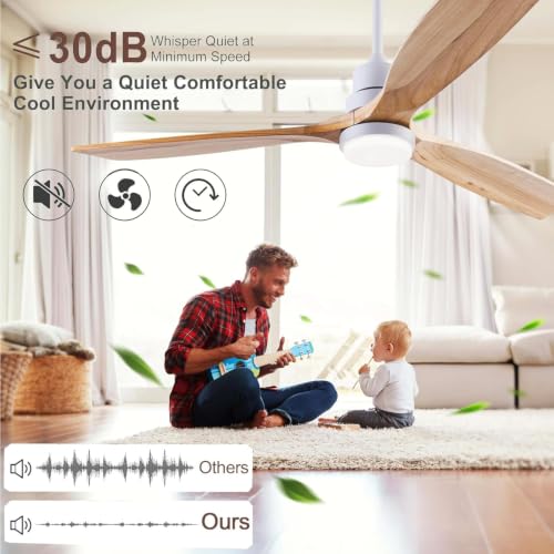 Image of QUTWOB 56 inch 3-Blade Wood Ceiling Fan with Light & Remote, Indoor Outdoor | solid natural wood blades, quiet dc inverter motor, 6-speed reversible remote, 3-color led, for indoor outdoor living room