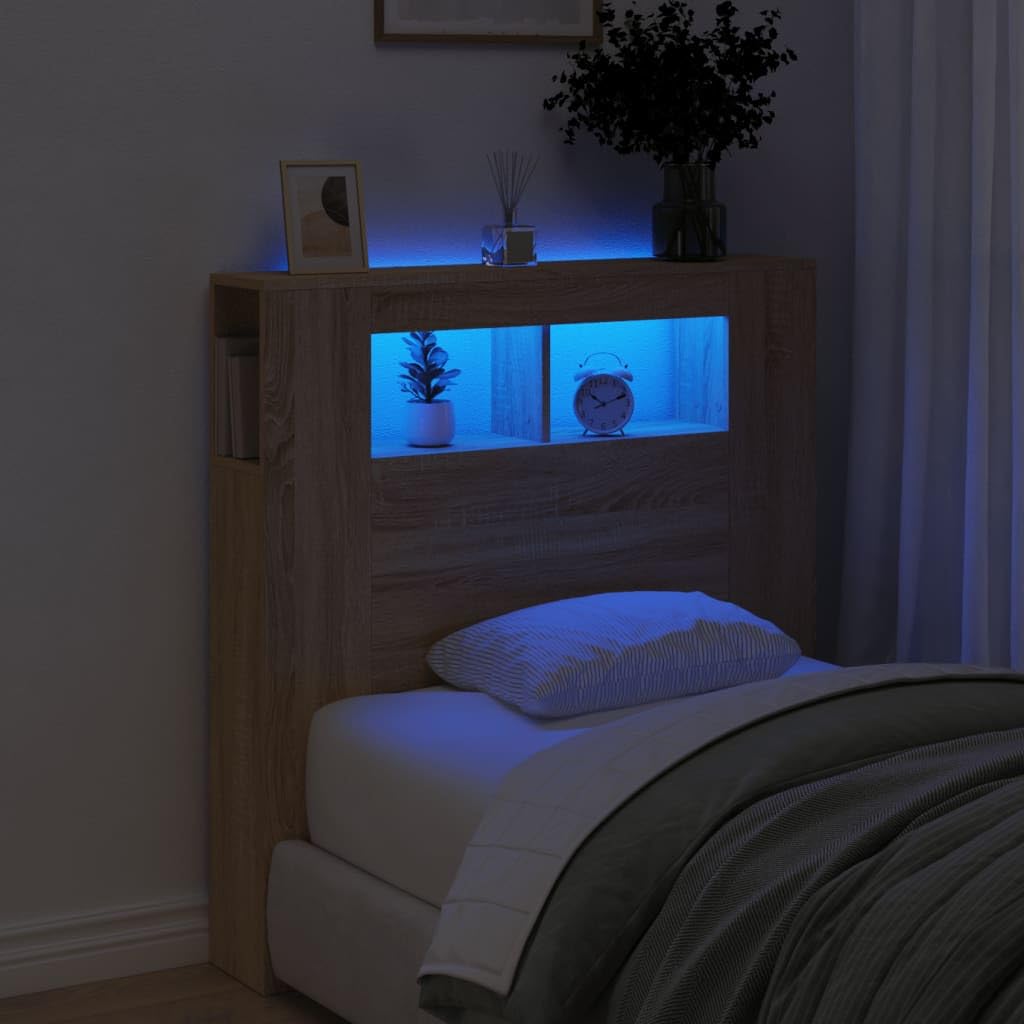 Refined Cabecero con LED Cabecera con Almacenaje Cabezal de Cama Cabecero para Dormitorio Madera ingeniería Roble Sonoma 100x18,5x103,5 cm