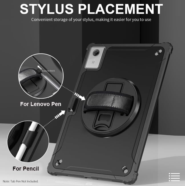 Image of Junfire Protective Case for Lenovo Idea Tab Plus 12.1 inch 2025,Black | Shockproof, Hand Strap, 360Rotating Stand, Pencil Holder, Carrying Strap, Hard Shell