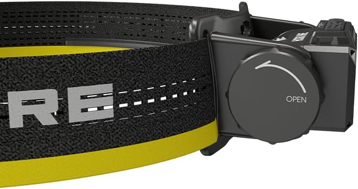 Side view of Nitecore HC60 UHE Headlamp showing the battery compartment cap with 'OPEN' indicator