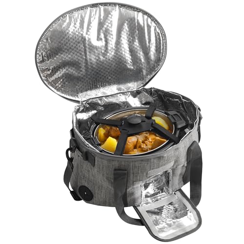 SUNVIVIPRO 2 Layer Slow Cooker Carrying Bag, Travel Bag Fits for 6-8 QT, Portable Carrier Case with See-thought Window, Pocket & Lid Fastener, for potluck parties, camping, church events, Grey
