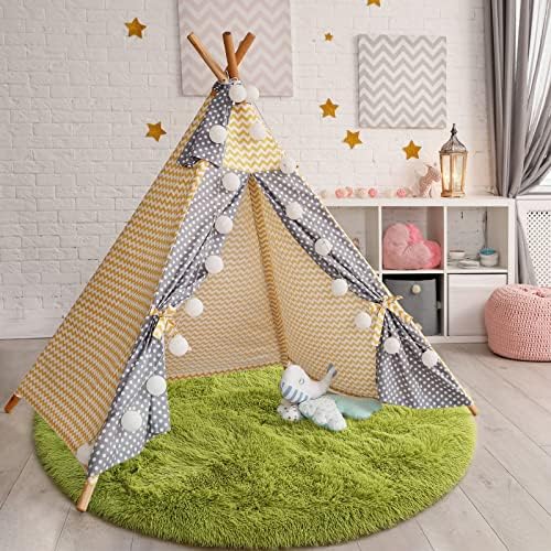 Chicrug Fluffy Green Round Area Rugs for Girls Bedroom, 4x4 Feet Shaggy Circle Area Rug for Living Room, Soft Fuzzy Carpets for Princess Room, Cute Rug Kids Circular Playmats for Baby Nursery Home 4 51 4DaBQc+L. AC