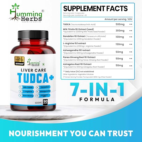 Image of Humming Herbs Liver Care Tudca+ 7 In 1 Formula Blend Of Tudca, L-Arginine, Milk Thistle, Dandelion, Ashwagandha, Panax Ginseng, Astragalus Root-180 Cap, Pack Of 2