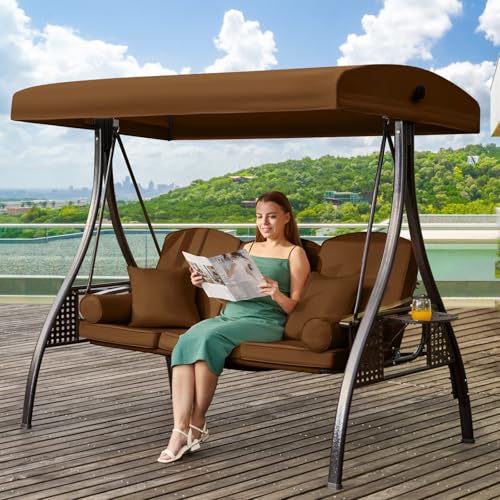 Image of 3 in 1 Outdoor Porch Swing with Adjustable Canopy, 3 Seat Outdoor Swing for Adults, Patio Swing Chair with Thickened Cushions,Pillows & Cup Holders for Backyard, Porch, Garden (Brown)