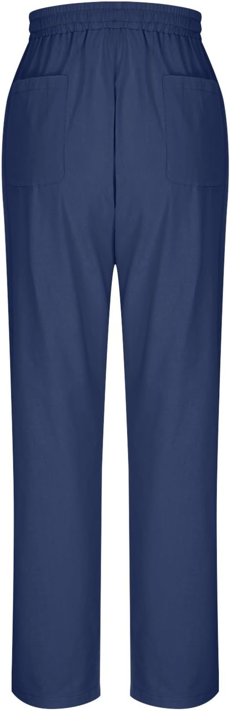 Womens Linen Pants with Pockets, High Waisted Comfy Casual Straight Leg Pants Lace Side Lightweight Loose Trousers