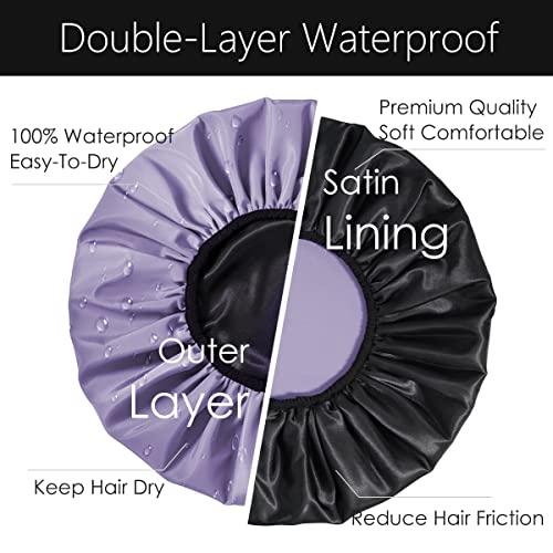 Auban Extra Large Shower Cap, Double-Layer Waterproof Reusable Satin Lining Shower Bonnet for Women Long Hair, Braids, Locs, perms (Purple)