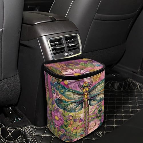 Image of Talayituse Dragonfly Floral Print Car Trash Can Portable Auto Garbage Bin Multifunctional Vehicle Interior Accessories with Adjustable Straps Universal Fit Truck SUV Sedan