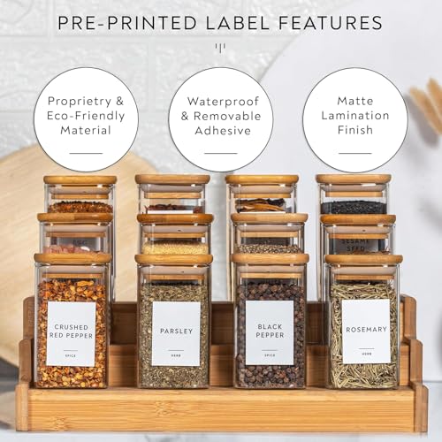 AOZITA 24 Pcs Glass Spice Jars with White Printed Spice Labels - 4oz Empty Square Spice Bottles - Shaker Lids and Airtight Metal Caps - Silicone Collapsible Funnel