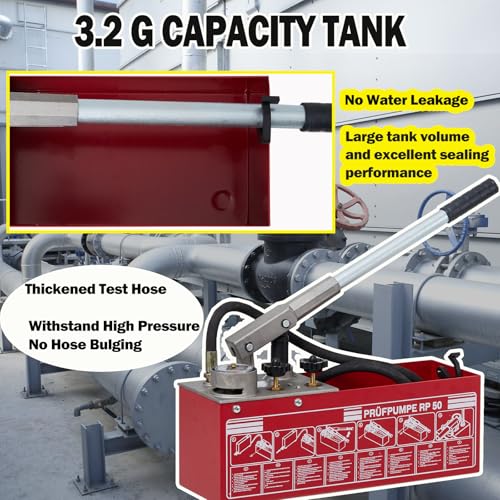 Image of GarveeTech Hand Pressure Test Pump, 50 Bar Hydraulic Test Pump 762PSI with 3.2 gal Tank, for Pipeline Pressure Container Irrigation Firemen, 45 ml 1 /2 in BSP for Pipeline Fluid Pressure Testing