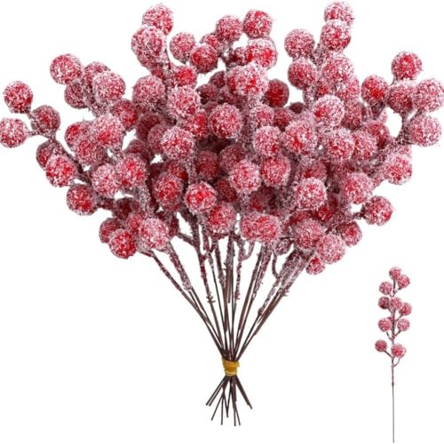 CashMuch Tallos de bayas rojas artificiales congeladas con nieve para decoración de corona de Navidad, juego de 20 piezas de manualidades con bayas realistas, 22 cm, decoración navideña del hogar