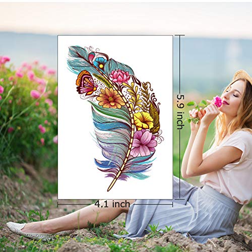 Viwieu Large Feather Flower Temporary Tattoos 6 Sheets Colored 3D Body Art Accessories For Adults Women Teen Girls, Water Transfer Fake Beach Feather Tattoo Stickers For Festival Costume Party #TOP1