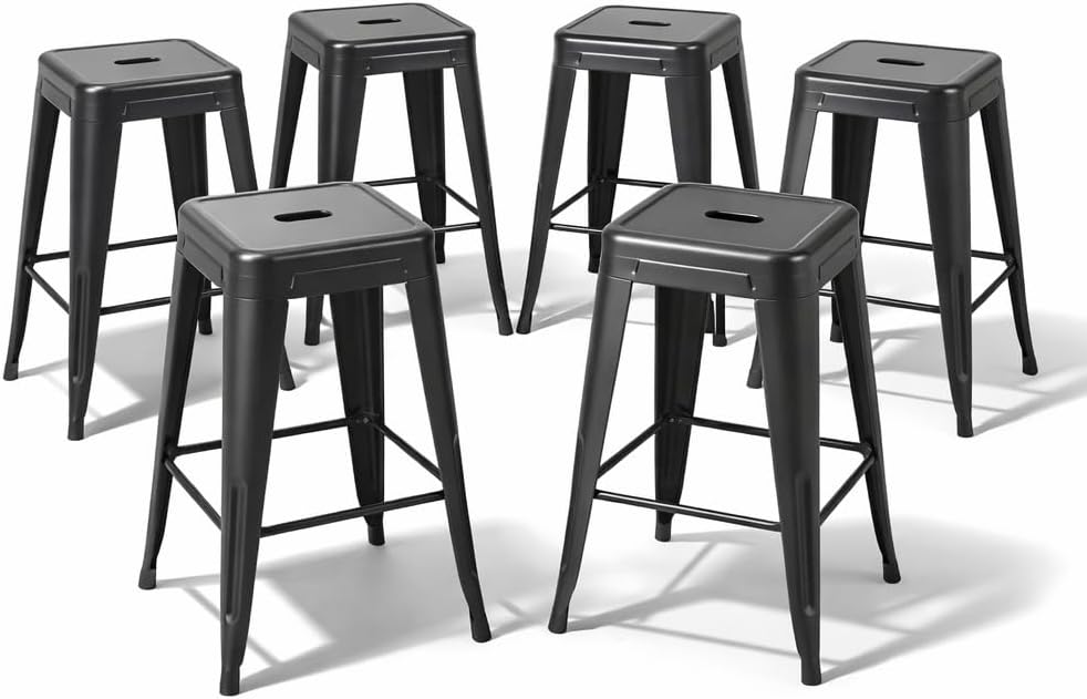 Midnight Black 24inch Metal Bar Stools Set of 4,One-Piece Cold-Rolled Steel Counter Height Stools for Kitchen Island,Industrial Stackable Backless Barstools,Black Indoor Outdoor Kitchen Bar Chairs