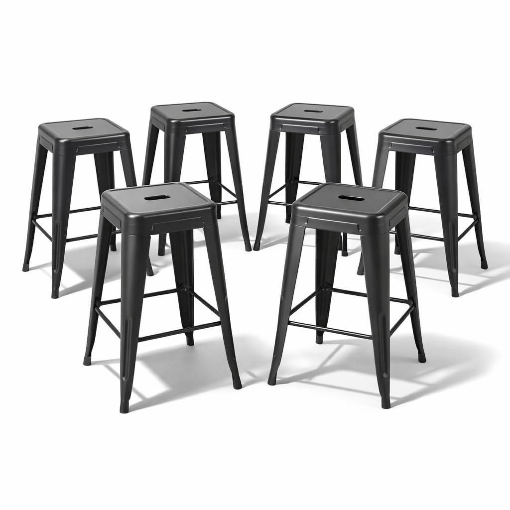 SOLEGGIAHOMIA Midnight Black Metal Counter Height Stools Set of 6, 24 Inch Industrial One-Piece Steel Stools, Matte Black Kitchen Island Chairs, Set