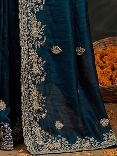 Image of SIRIL Women's Tissue Silk Scalloped Border Embroidery Saree with Unstitched Blouse Piece