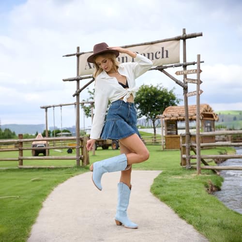 GORBINETI Women Cowboy Boots Mid Calf Cowgirl Western Boots Embroidered Suede Pull On Almond Toe Chunky Heel2