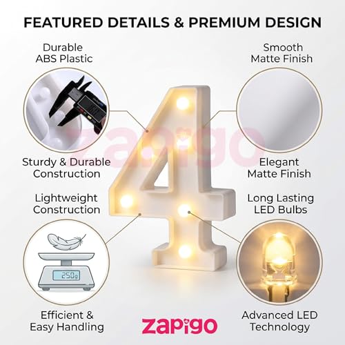 Image of Balloonistics Warm White LED Marquee Number 4 Light - 9-Inch Cordless Battery-Operated Standing Sign for 4th Birthday, Anniversary, Wedding & Home Decor (Number 4, White)