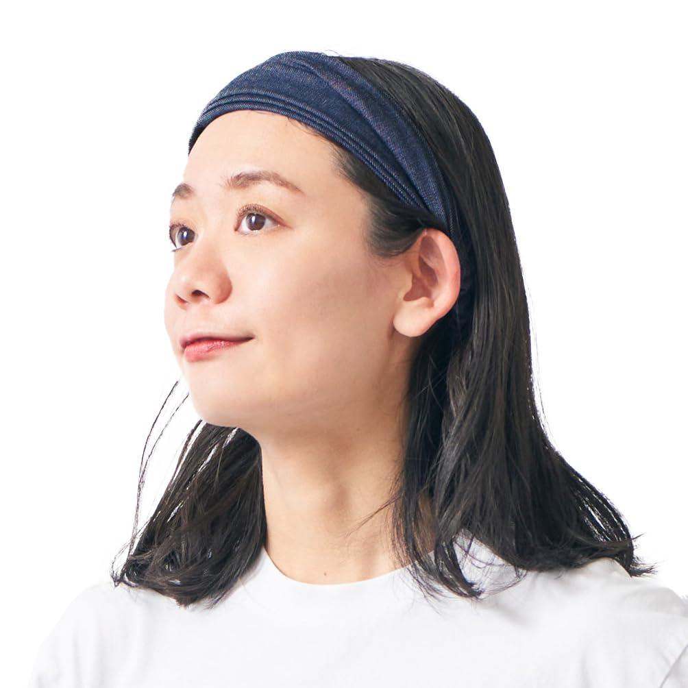 CHARM Japanese Denim Headband for Men & Women, 100% Cotton Head Scarf Hair Bandana, Hand-dyed Boho Jean Bandeau for Daily Fashion Blue M