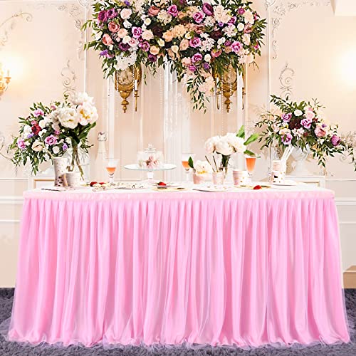 Htper Jupe en Tulle de fête Rose, Jupes de Table Tutu en Tulle Simple pour Anniversaire Mariage baptême Baby Shower Baby Party, L183×H76cm