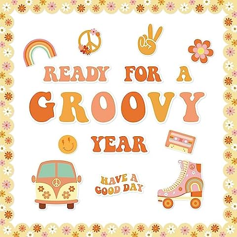 Mosailles Bulletin Board Kit Retro Boho Ready for A Groovy Year Hippie Decoration Set Smile Face Have A Good Day Cutouts Daisy Groovy Back to School Wall Decor for Classroom School Office 48PCS Cover