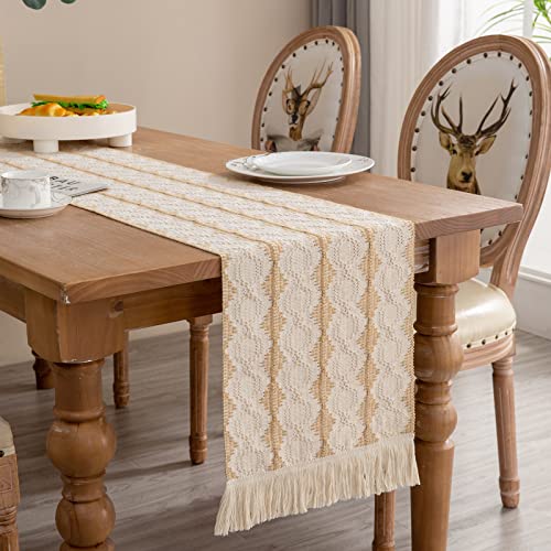 Kadyhoom Boho Table Runner 48 Inches Long, Cream Burlap Table Runner, Coffee Table Runner With Tassel, Boho Decor Farmhouse Table Runner For Holiday/Wedding/Party/Farmhouse/Kitchen/Dining Decor #TOP2