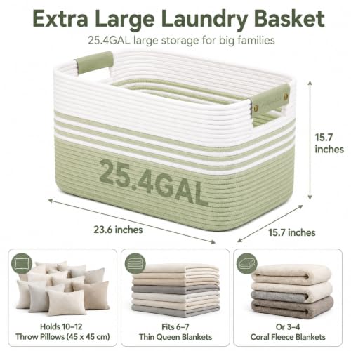 Image of 25.4GAL Collapsible Cotton Rope Extra Large Storage Basket For Bedroom Closet, Boho Rectangular Short Hamper Woven Storage Baskets for Living Room Throw Pillows Blankets Dirty Clothes, White Green