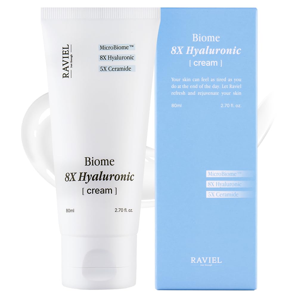RAVIEL Crema de ácido hialurónico Biome 8X, hidratación duradera y 5 x ceramida barrera hidratante para pieles sensibles, cuidado diario de la piel coreana (80 ml)