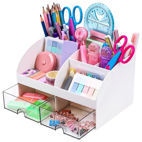 FRIUSATE Desk Tidy Organizer with Drawers, Makeup Organizer Desktop Storage Box with Pen Holder, Plastic Stationery Supplies Storage Box for School Home Office Makeup Desk Supplies