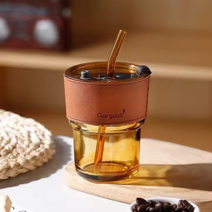Image of 400ml Brown Glass Sipper Bottle with Lid & Straw | Stylish Reusable Glass Bottle for Juice, Coffee, Smoothies, Milk | Eco-Friendly, Leakproof Drinkware for Kids & Adults | Travel-Friendly