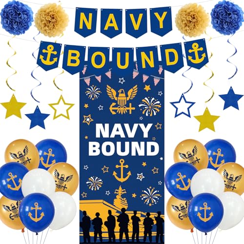 Holkcog Navy Party Decorations Blue Gold Navy Bound Themd Banner Farewell Party Welcome Ceremony Admiralty Boot Camp Ballons Decorations Military Party Supply Gold Paper Flower Ball for Men Women