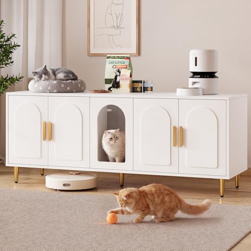 ONBRILL 60 Inches Cat Litter Box Enclosure for 2 Cats Double Litter Boxes Furniture with Cat Litter Mat Large Indoor Pet House with Double Room Modern TV Stand for Livingroom White