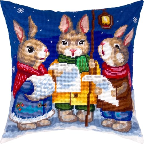 Image of Brvsk Christmas Needlepoint Kit for Adults and Beginners - Hares' Carols 16″ x 16″ with Clear, Precise Printed Design on Cotton Canvas; Includes 2 Needles, Yarn, and Easy-Read Chart
