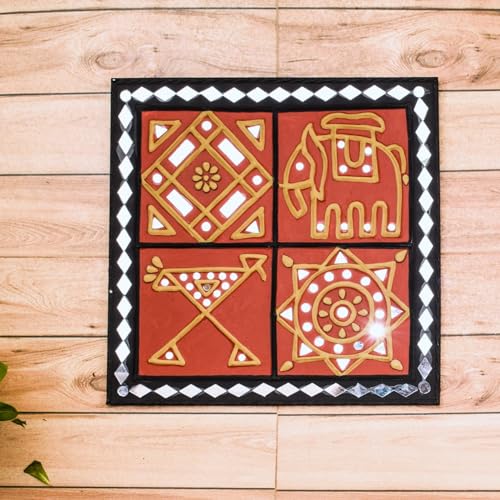 Image of Ethnics of Kutch Traditional Kutch Handicraft Mud-Mirrorwork Lippan Kam Wall Art (Water and Break Resistant) - Square (12 inch x 12 inch) - (Maroon - LKT-0205)