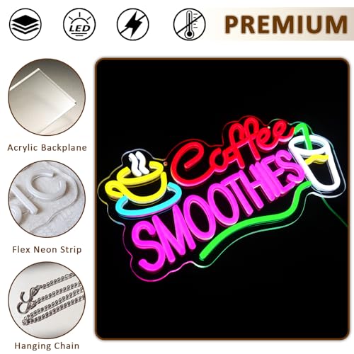 Image of Coffee Smoothies Neon Sign for Wall Decor, Smoothie Led Signs for Business, USB Dimmable 16.54 inch x 9 inch Neon Lights for Bar Drink Shop Kitchen Home Pub Pet Shop Restaurant Wall Art