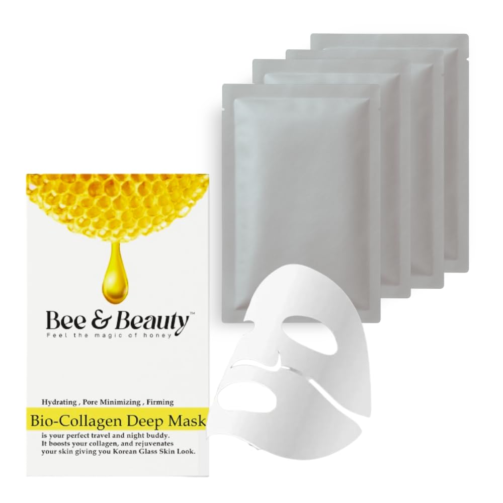 Bee & Beauty Bio Collagen Overnight Mask Pack Of 4 Korean Face Mask For Glass Skin Sheet Mask For Deep Hydration, Pore Minizmizing With Goodness Of Honey