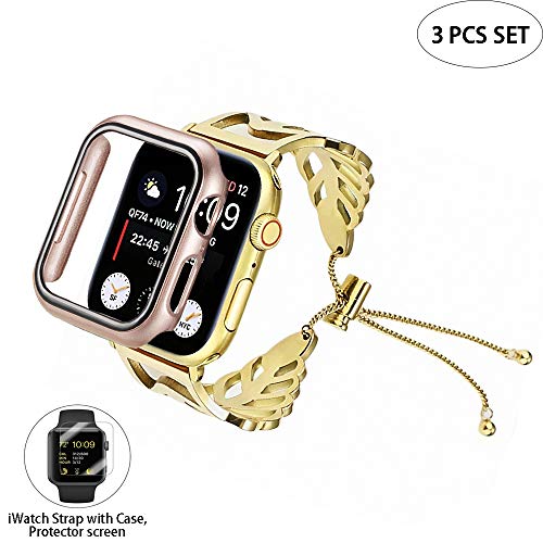 Kuty Compatible Cinturino per Apple Watch 44mm 40mm, Oro Correa de Acero Inoxidable Pulsera de Reemplazo con Funda y Protector Pantalla, Compatible Series 5, Series 4 (Tipo de Hoja 40CM, Oro)