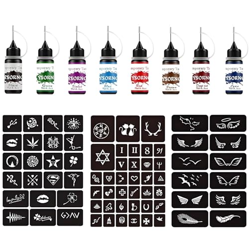 11 tatuajes de henna, incluye 8 pigmentos y 3 plantillas de patrones para manualidades de arte corporal, maquillaje de fiesta y festivales, fácil de usar y duradero
