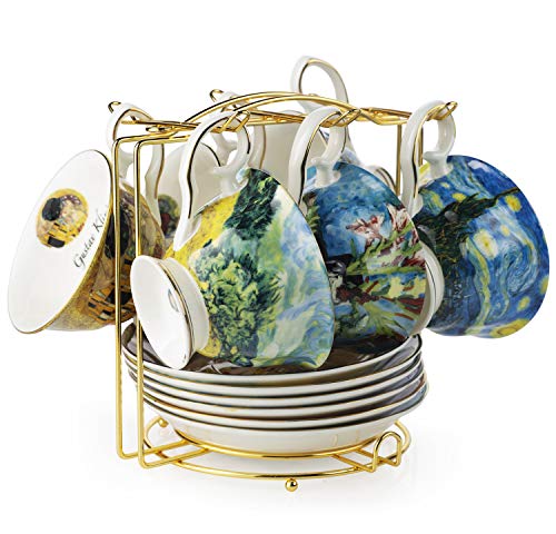 Van Gogh Bone China Set of 6 Cups and Saucers With Rack Coffee Cup and Saucer Set With Gift Box 8-Ounce Art Coffee Mugs Set