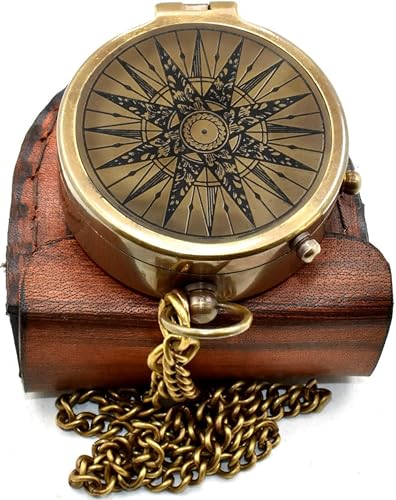 Classic Handmade Antique Functional Brass Compass with Chain and Leather