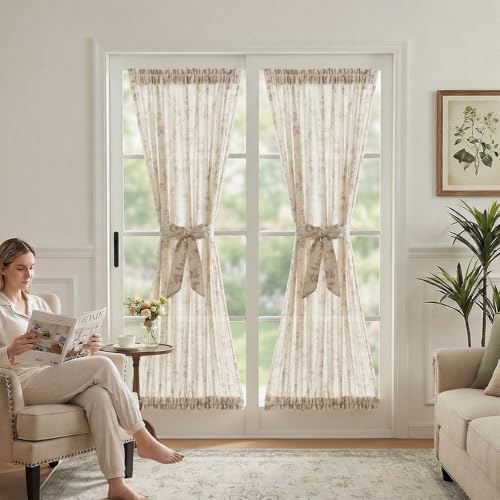Image of jinchan Floral French Door Curtain Panel Farmhouse Decor Light Filtering Linen with Tie Up Bow for Glass Door or Patio 72 Inch Length Rod Pocket 1 Panel Taupe on Linen