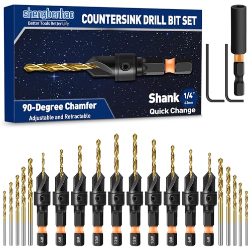 shengbenhao 23Pcs Countersink Drill Bit Set #4#6#8#10#12 Adjustable