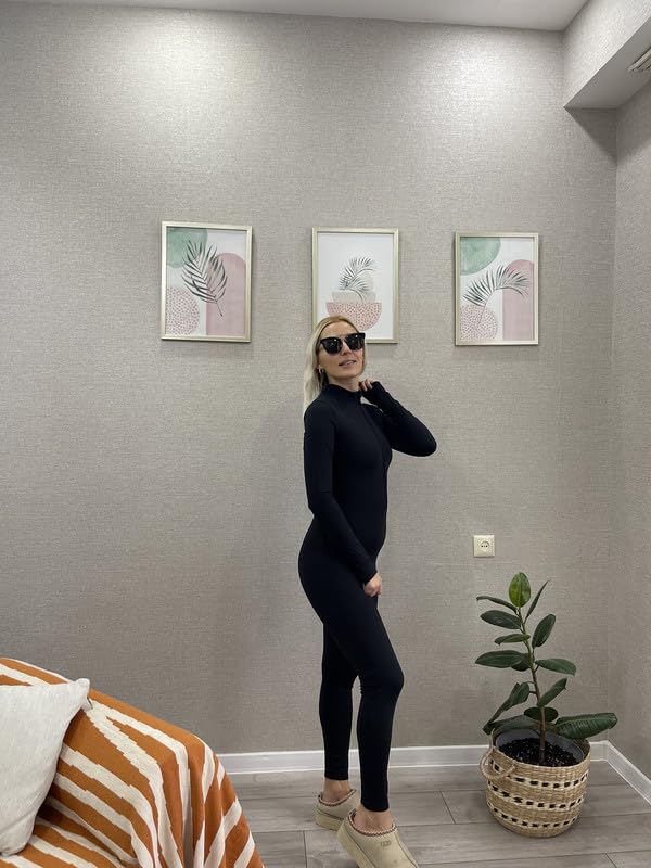 OEAK Damen Sport Jumpsuit Lang Eng Yoga Overall Langarm Rollkragen Playsuits mit Reißverschluss Nahtloser Fleece gefüttert Bodysuit Einteiler Romper,Schwarz,M