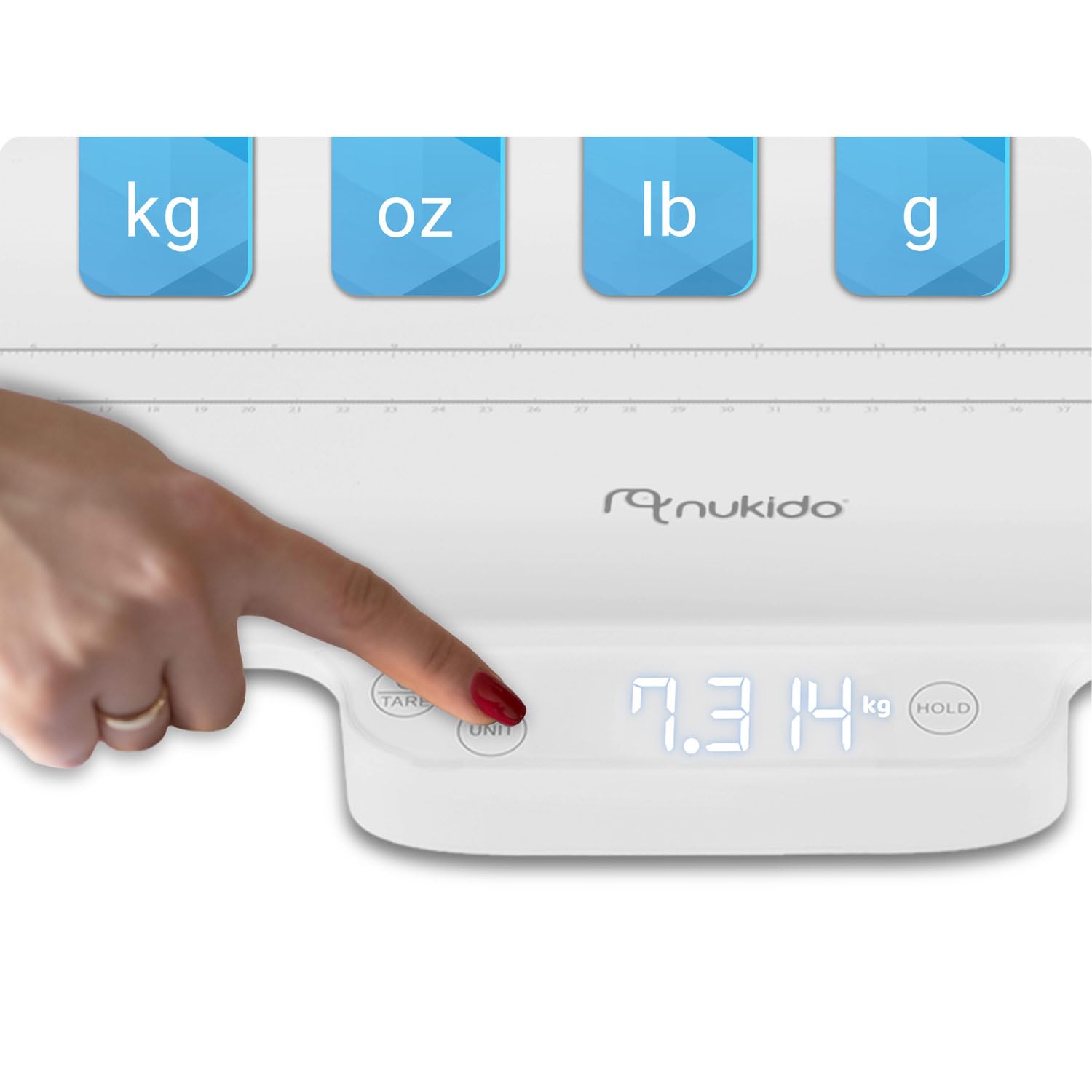 Nukido Bilancia per bambini, 40 kg, portata 5 grammi, precisione con funzione Tara Hold, scala di misurazione integrata, colore bianco