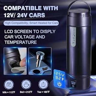 Vacuum Insulated Car Electric Kettle,Miicasa Stainless Steel Tumbler Car Water Heater,12V/24V Water Boiler with 6 Temperature and Auto Shut-Off Boil Dry,16oz