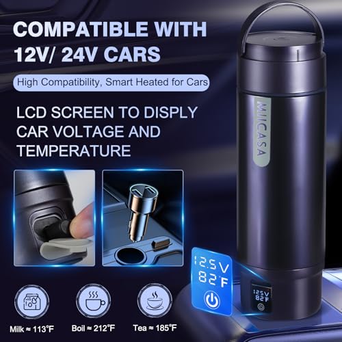 Vacuum Insulated Car Electric Kettle,Miicasa Stainless Steel Tumbler Car Water Heater,12V/24V Water Boiler with 6 Temperature and Auto Shut-Off Boil Dry,16oz