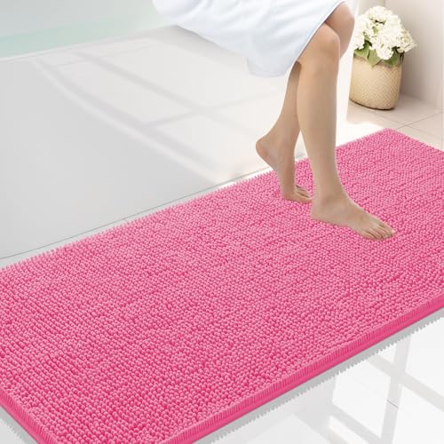 Smiry Luxury Chenille Bathroom Rugs 59x24, Extra Soft and Absorbent Shaggy Bath Mat, Machine Washable, Non-Slip Plush Carpet Runner for Tub, Shower, and Floor, Home Decor Accessories, Hot Pink