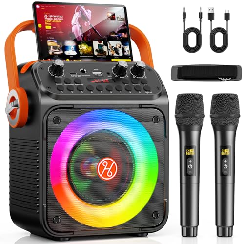 HWWR Karaoké 2 Micros sans Fil, Karaoké Professionnel pour Adultes et Enfants, Enceinte Bluetooth avec Préampli Micro, Haut-Parleur de Fête Portable...