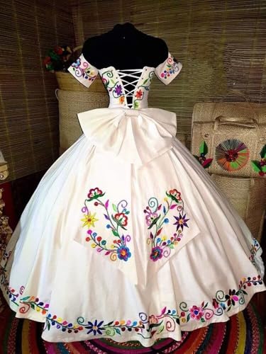 Modest Flower Embroidered Mexican Quinceanera Wedding Dresses Ball Gown Off Shoulder Charro Style Prom Formal Dress3
