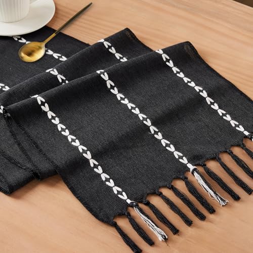 Niviy Black Table Runner 72 Inches Long, Black Christmas Decor Embroidered Striped Braided Boho Table Runner for Holiday Home Party Indoor Outdoor 12 x 72 Inch