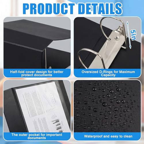 Image of Henoyso 4 Pack 5 Inch D-Ring 3 Ring Binders with Clear Pocket, Heavy Duty Large Capacity Binder with Inside Pockets for Standard Pages 8.5 x 11, Presentation Binder for Office School(Black)